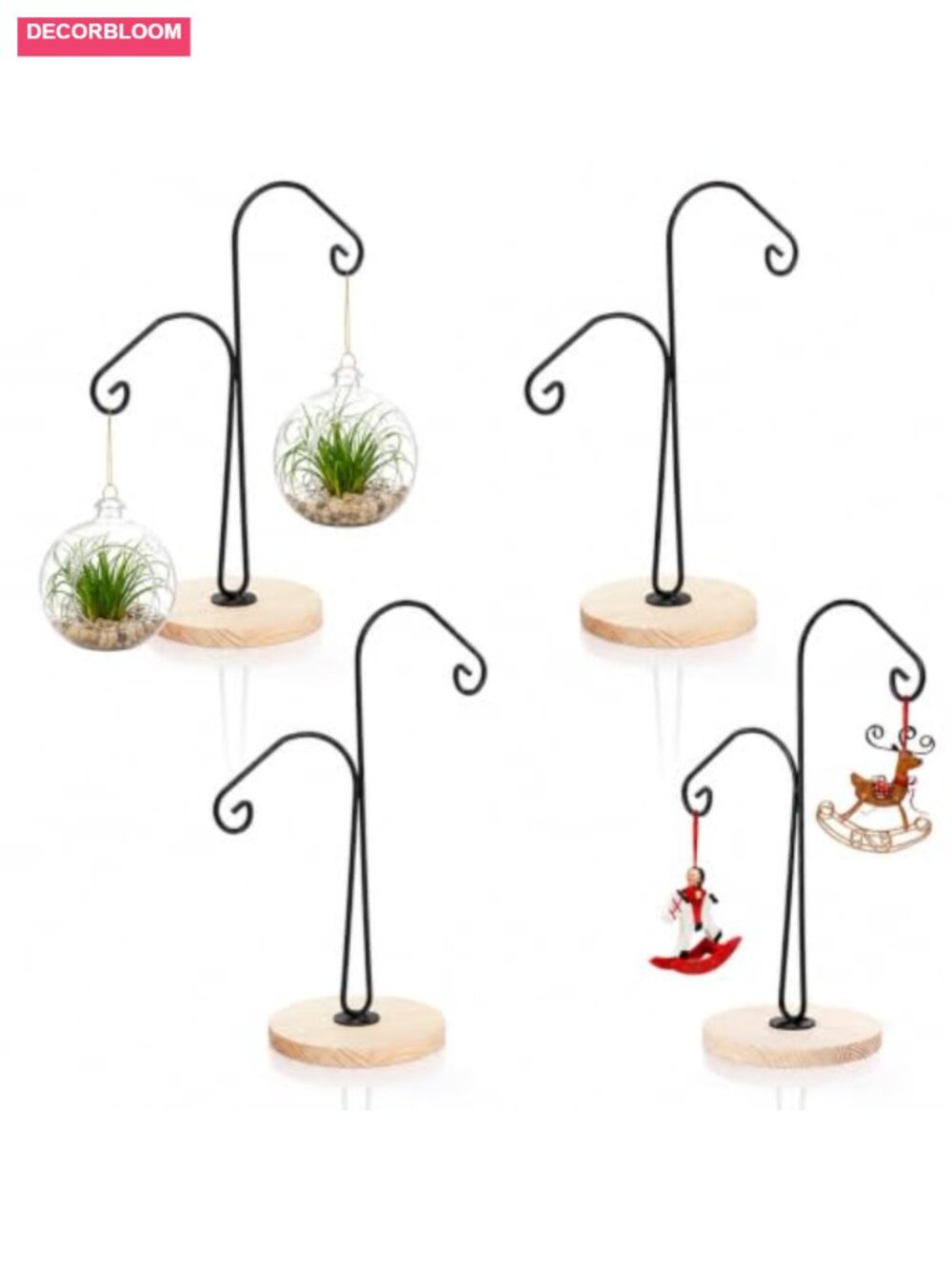 4 Pack Ornament Display Hanger Stand with Wood Base and Double Hook for Home